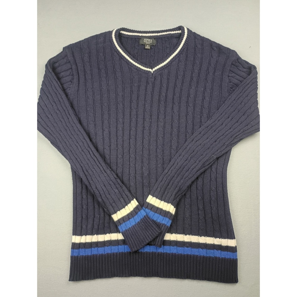 Jones New York Kids Navy Blue Cable Knit V-Neck Sweater Size 18 Varsity Stripe